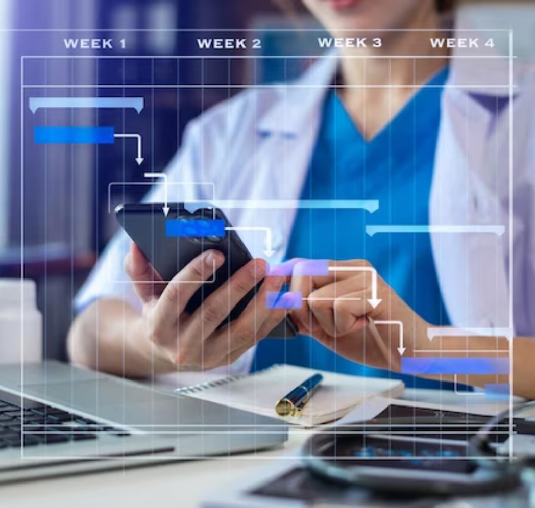Healthcare professional reviewing a digital schedule on a smartphone, with a virtual project timeline representing medical workflow planning and task management