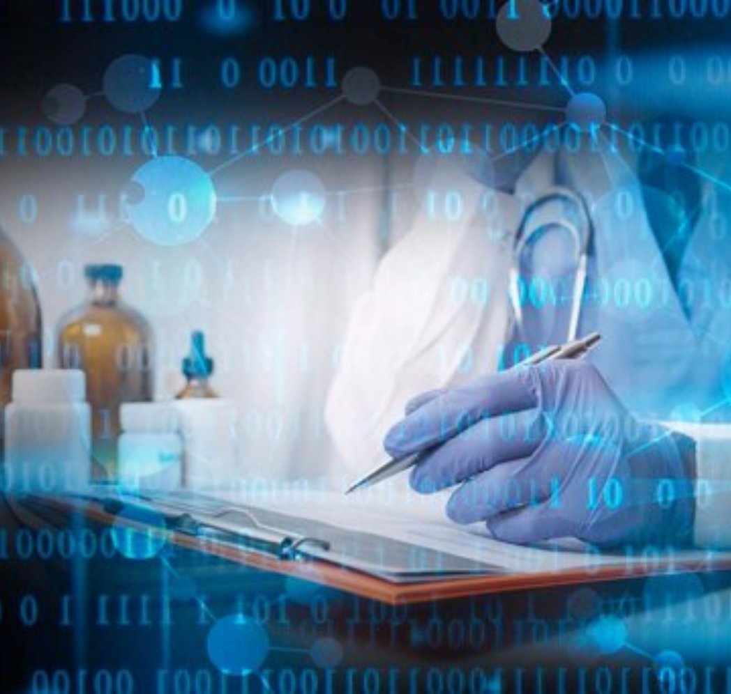 Doctor reviewing medical documents with a digital data overlay, representing healthcare technology and seamless information integration